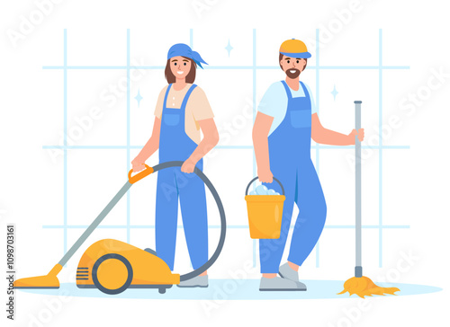 Professional cleaning service concept. Man and woman in uniform with vacuum cleaner and mop. Cleaner characters with cleaning equipment. Vector illustration on white background.