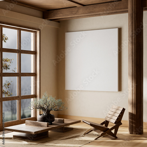 Japanese style interior design with wooden furnitures and raw materials. Mocuk up poster frame in  Japandi style interior. 3D illustration photo