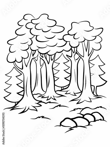  kids coloring book  variety of plants and flowers. Include intricate details of tall trees with textured bark, hanging vines, and delicate ferns. Scatter diverse blooming flowers like roses, daisies