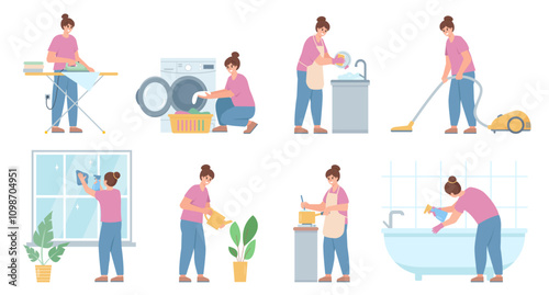 Set female characters doing housework. Woman Washing and ironing clothes, cooking, vacuuming, washing dishes and bath. Young housewife and daily routine. Vector illustrations on white background.