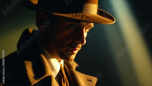 Mysterious detective in vintage hat illuminated by dramatic light photo