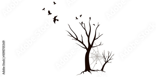 Silhouette Leafless Dry Trees With Birds Vector Illustration.	