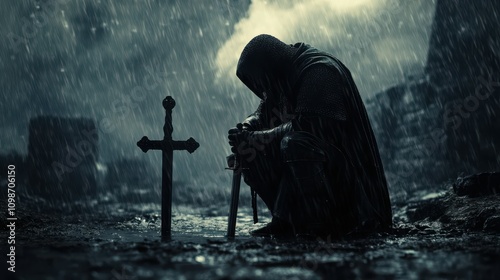 A christian warrior, crusader knight is kneeling in the rain with a sword and a cross behind him. Scene is dark and ominous photo