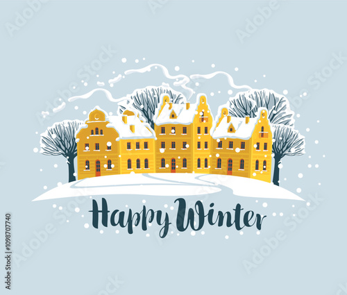 Snowy winter town landscape with cute colored houses, snow-covered trees. Beautiful vector illustration, greeting christmas or new year card or decorative banner in cartoon style