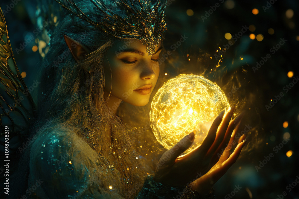 Naklejka premium Elf Holding Glowing Orb of Light