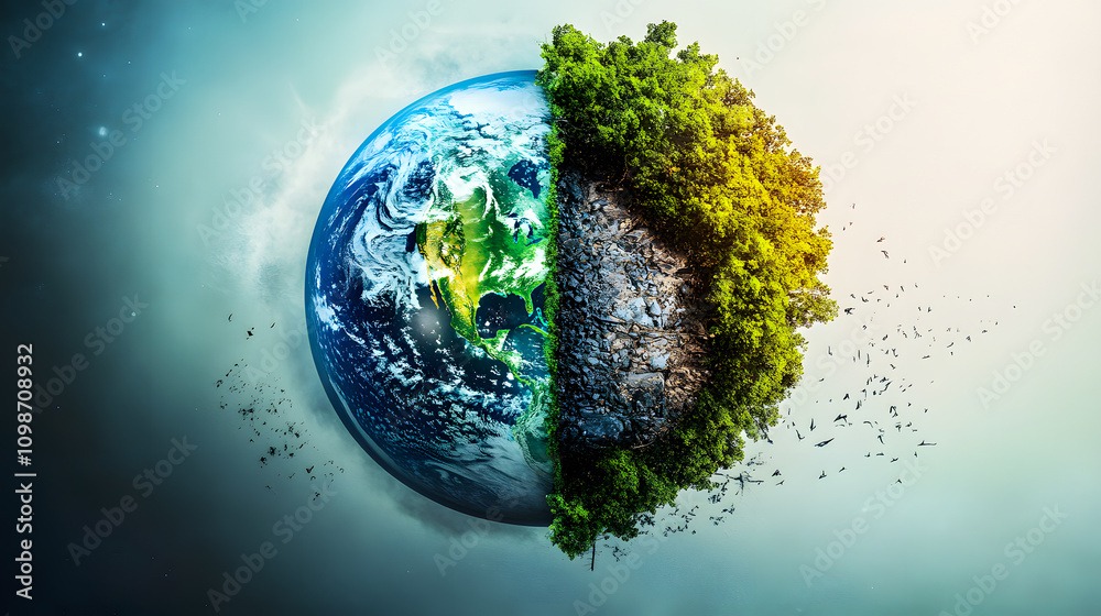Fototapeta premium Earth divided in half – one side lush with forests, the other side disintegrating, symbolizing environmental destruction and climate crisis