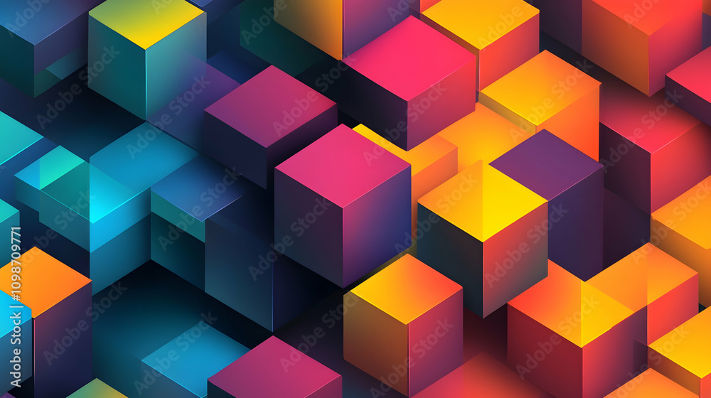 Obraz premium A gradient cube pattern featuring vibrant colors like pink, orange, yellow, and teal, forming a bold and futuristic design.