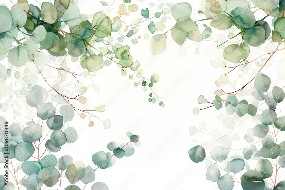 Obraz premium Eucalyptus branch with green leaves and yellow buds in botanical watercolor style. Detailed realistic illustration for design and print. Generative AI