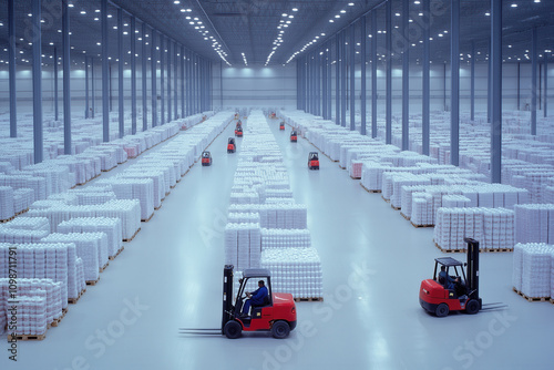 Warehouse Operations Utilizing Forklifts for Efficient Handling of Goods and Cargo. A vast and spacious warehouse is brimming with various goods, showcasing forklifts efficiently organizing pallets