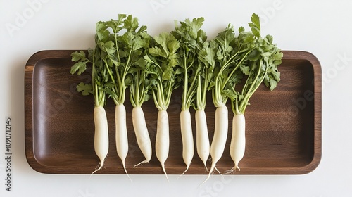 Fresh white daikon radish, a variety of radish known as Raphanus sativus var. longipinnatus, displayed on a wooden tray against a white backdrop in a flat lay composition.  photo