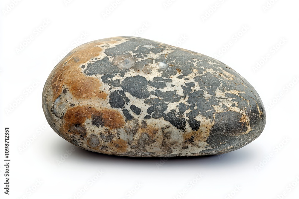 Obraz premium Unique river stone with mixed patterns and textures on a white background in natural light