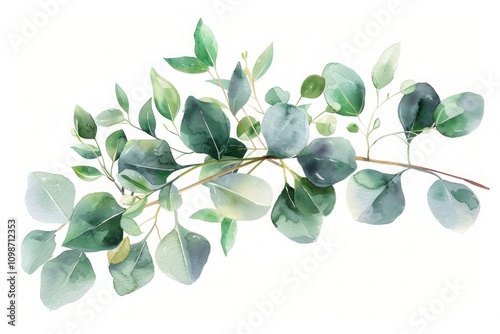 Eucalyptus branch with green leaves and yellow buds in botanical watercolor style. Detailed realistic illustration for design and print. Ayurveda, ayurvedic herbs, Generative AI