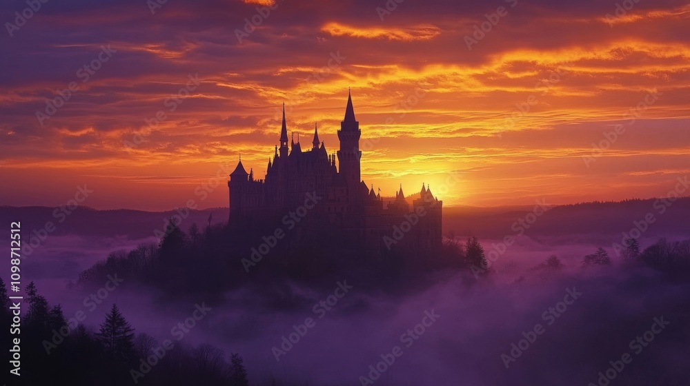 Obraz premium Majestic castle silhouette against a vibrant sunset sky with clouds and mist creating a mystical atmosphere