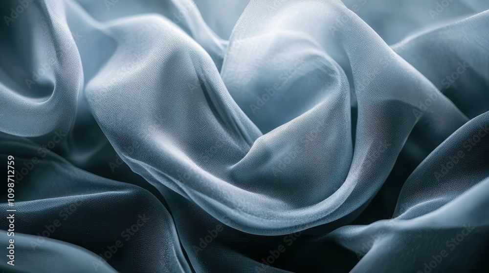 Obraz premium Abstract fashion background in muted blue-gray tones. Close-up of folded layers of fabric or paper. Wavy ribbons flutter in the dark, highlighted with bright studio light
