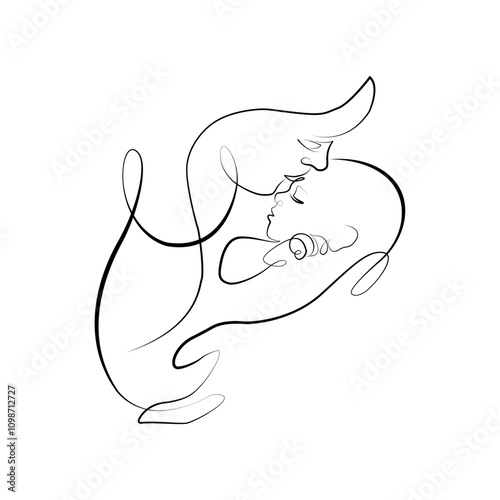 mother kiss her baby line art