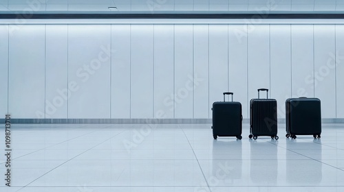 Two suitcases standing alone in an empty airport terminal symbolizing a travelers journey with space for text or design photo