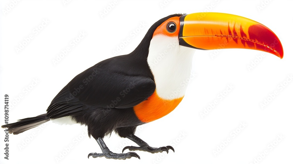 Obraz premium High-quality PNG file of a toco toucan bird, a brightly-colored bird with a large beak, isolated on a white background for high-resolution printing or digital use. 