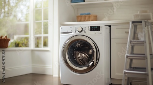 Wallpaper Mural In a laundry room, a modern washer sits beside a rolling storage unit and a stepladder against a white wall, adding functionality to the space.  Torontodigital.ca