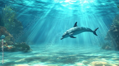 Wallpaper Mural Dolphin gracefully swimming through sunlit ocean waters, AI Torontodigital.ca