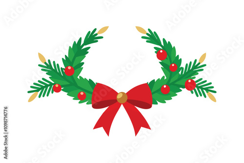 Realistic Christmas Tree Garland Vector - Festive Pine Branches with Red Bows and Ribbons for Holiday Decor and Seasonal Art photo