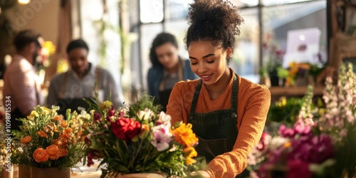 A florist teaching a flower arrangement class, participants creating vibrant bouquets in a sunny workshop space