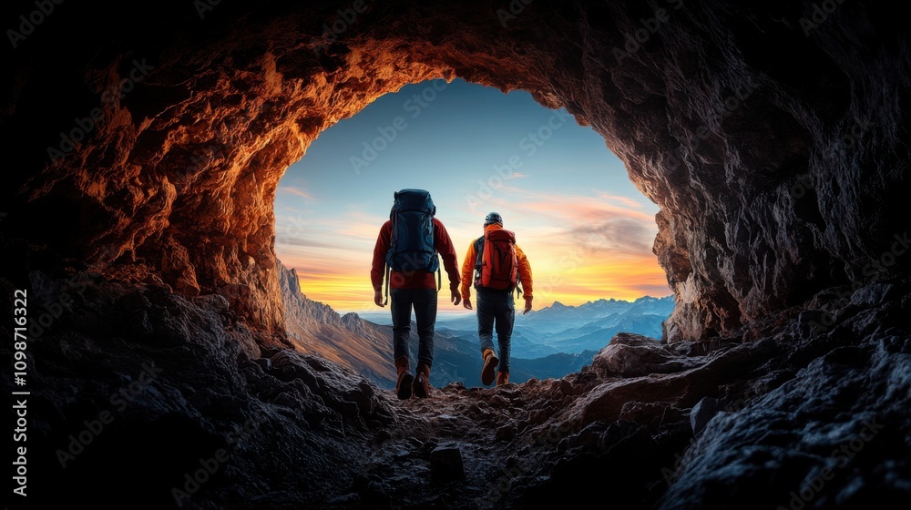 Fototapeta premium Two Hikers Emerging from Cave Opening with Vibrant Sunset Over Mountain Landscape in Background