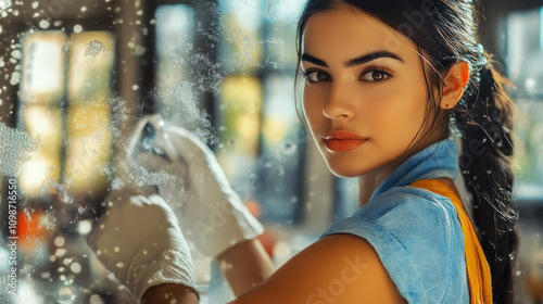 Young woman preparing ingredients in a cozy kitchen surrounded by fresh flowers during sunny afternoon photo