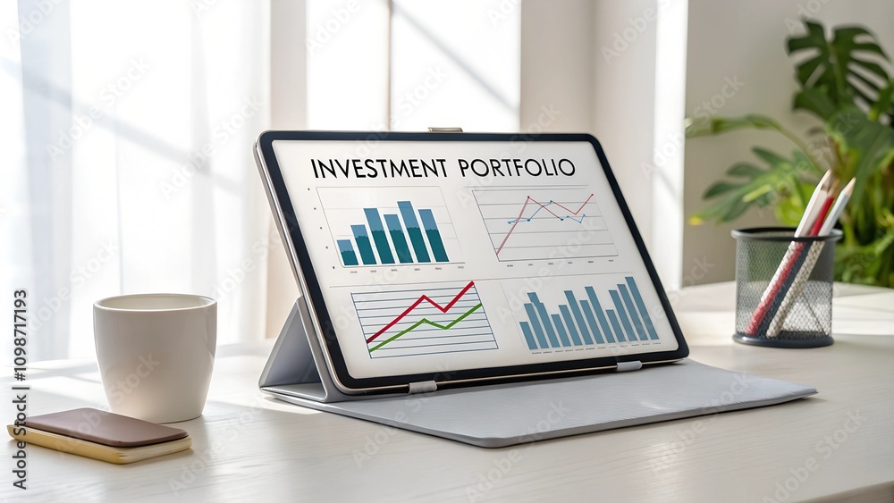 Fototapeta premium Tablet showing an investment portfolio graph next to a coffee cup.