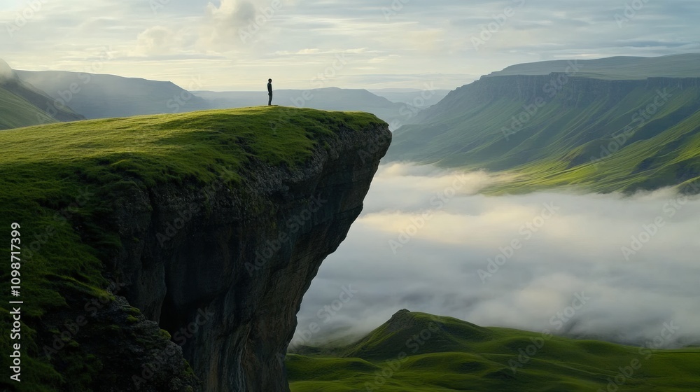 Fototapeta premium Person standing on a cliff overlooking a misty valley at sunrise, AI