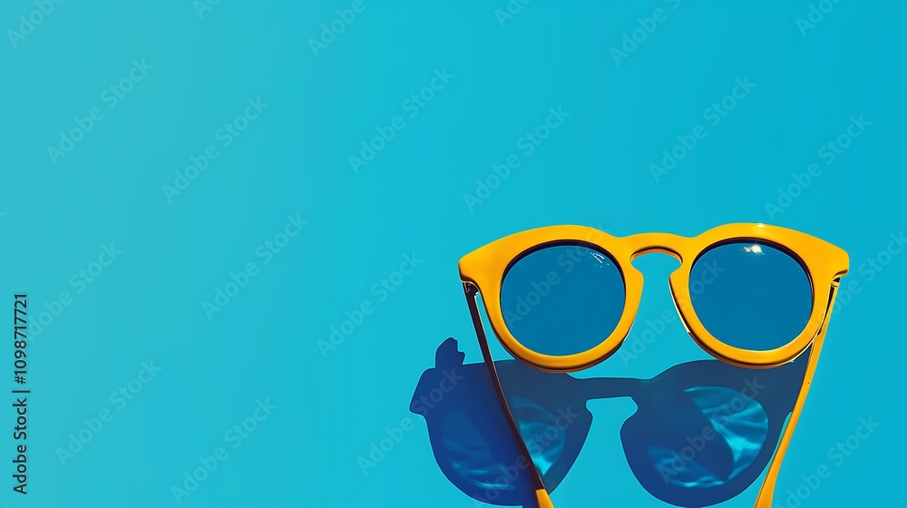 Fototapeta premium A pair of yellow sunglasses with blue lenses rests on a bright blue background, casting a shadow below.