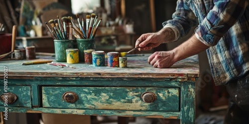 A painter restoring an antique piece of furniture with vibrant colors, brushes and paint jars scattered across a well-worn workbench