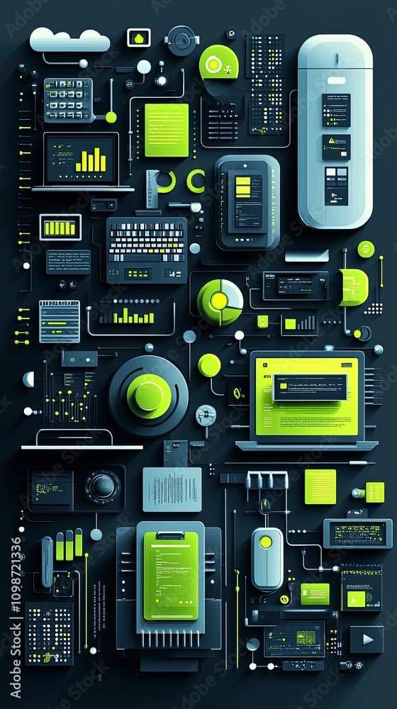 Fototapeta premium An illustration on coding education, using soft gray, lime green, and blue. Include symbols like code brackets, laptops, and abstract nodes, layering each for depth and focusing on technology literacy