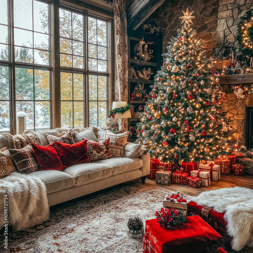 A warm and cozy living room featuring a Christmas tree, decorated with lights and ornaments, creating a festive and inviting atmosphere perfect for the holiday season.