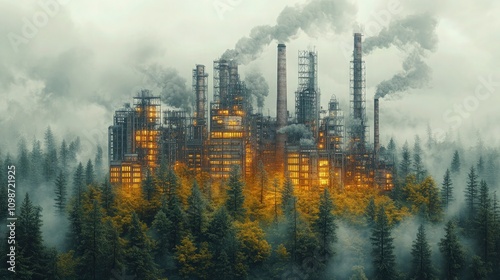 Wallpaper Mural Balance between industrial buildings and nature, with half of the landscape green and forested, and the other half industrialized. Each side symbolizes the dichotomy of progress and conservation Torontodigital.ca