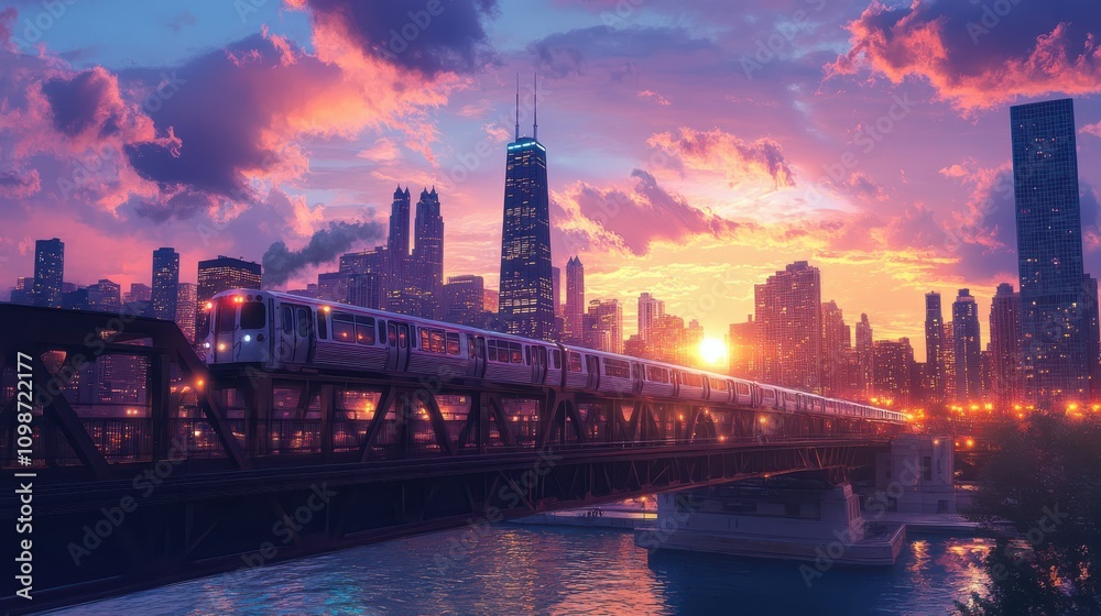 Naklejka premium A sleek train races over an elevated bridge, revealing the stunning Chicago skyline in the background as the sun sets, painting the sky with vibrant colors