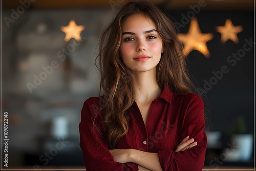 Confident young woman with arms crossed standing in front of glowing review stars, symbolizing customer satisfaction, service excellence, and professional feedback in a modern business setting