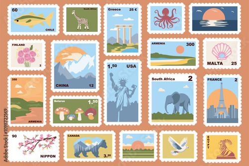 Post stamps set elements in flat graphic design. Collection of cute retro postal mail stickers from travel with different city and country, landscapes, architecture and other. Vector illustration.