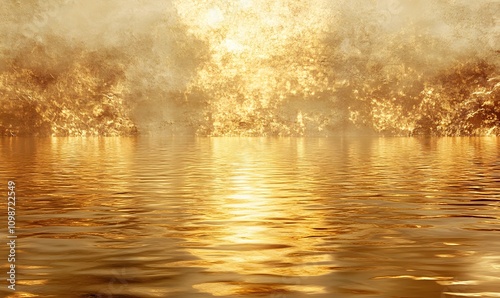 Still water reflecting soft golden light with a smooth and elegant appearance