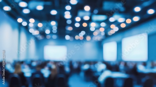 Blurred photo of conference hall with attendees in abstract banner
