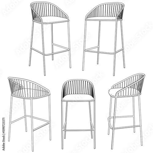 Bar chair and stool editable vector illustration  Fancy line art design, hand-drawn elements for modern bar furniture, stylish seating, and interior decor. Perfect for kitchen, lounge, or pub settings