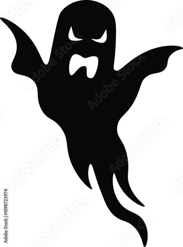 Black silhouette of a spooky ghost flying with its mouth open and a threatening expression, perfect for halloween projects