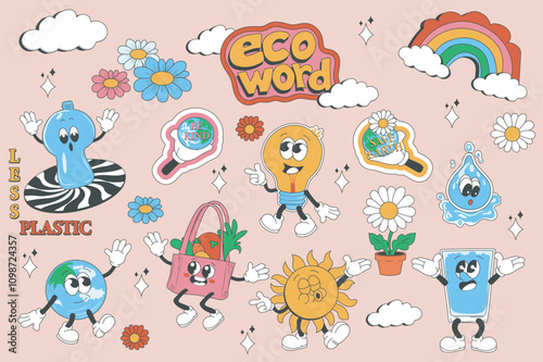 Eco vintage groovy set elements in flat graphic design. Collection of rainbow, daisy, light bulb, save Earth, water drop, less plastic, globe, vegetables in shopping bag, other. Vector illustration.
