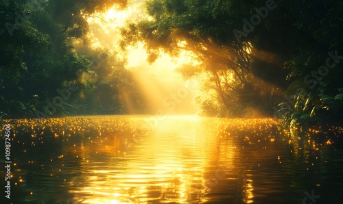 A lagoon with golden light reflecting on its water surface, surrounded by lush greenery