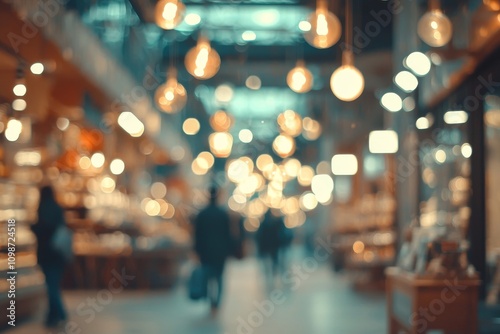 A blurry shopping scene with people in the mall out of focus in the background. photo