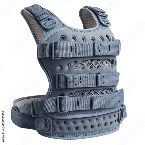 Modern ergonomic lumbar brace with adjustable straps, isolated on transparent background