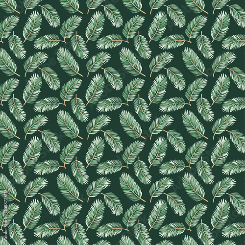 Elegant seamless vector pattern of lush green pine branches on a dark green background, perfect for holiday-themed designs, wrapping paper, and seasonal decorations