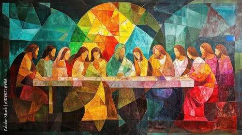 Abstract church religious fresco based on the Last Supper
