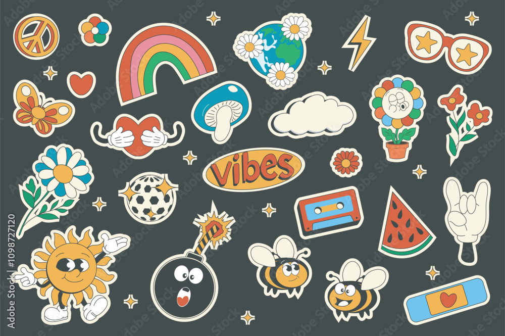Fototapeta premium Vintage groovy set elements in flat graphic design. Collection of peace, rainbow, daisy, planet, hug, butterfly, mushroom, vibes, bees, bomb, watermelon, other funky mascots. Vector illustration.