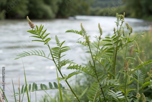 Green plants along a serene riverbank in a lush natural landscape under soft sunlight photo