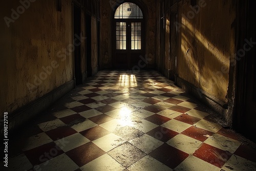 Sunlight streams through a window in a long, abandoned hallway with a checkered floor. photo